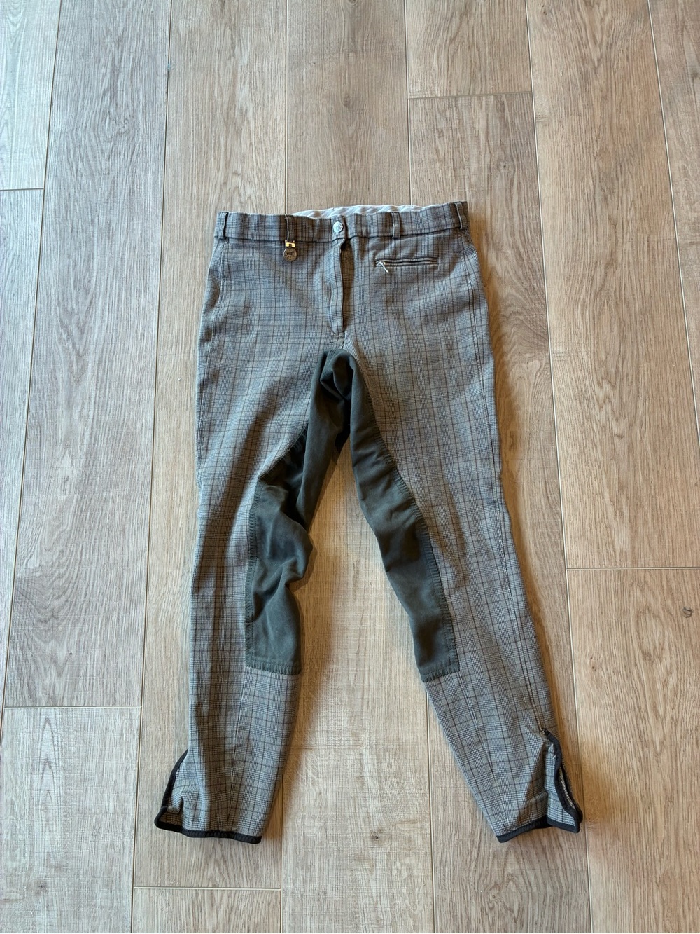 Equestrian Riding Pants Women’s Tan Plaid Olive Suede Knee Panels 32L Small